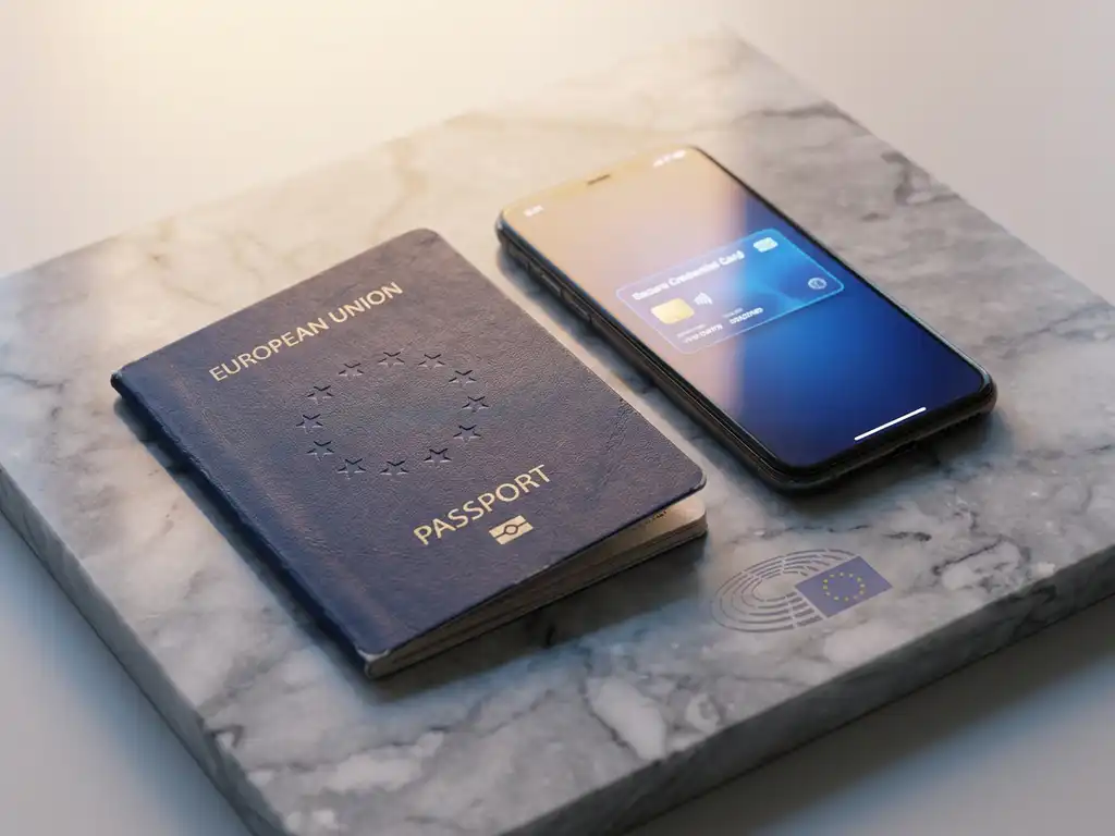 European passport beside a smartphone displaying a digital credential card on marble, with an embossed EU flag motif nearby.