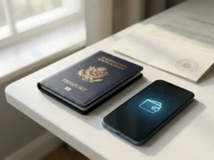 European passport beside a smartphone showing a digital wallet interface on a white desk with navy accents and an embossed security seal.