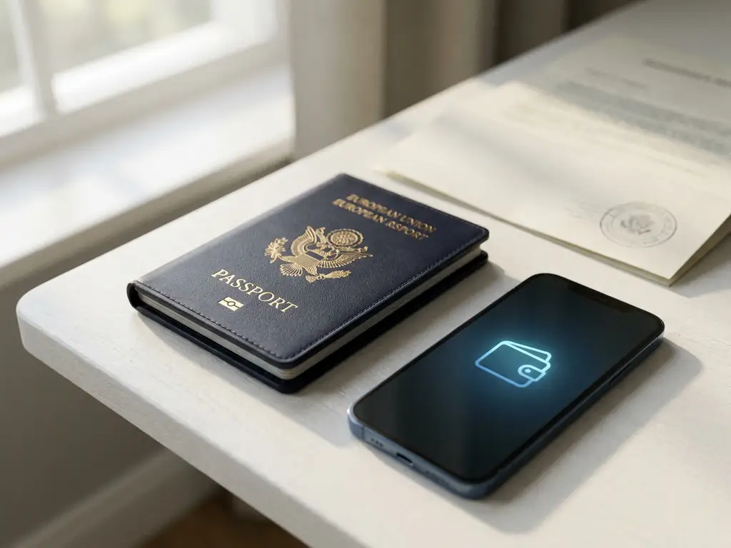 European passport beside a smartphone showing a digital wallet interface on a white desk with navy accents and an embossed security seal.