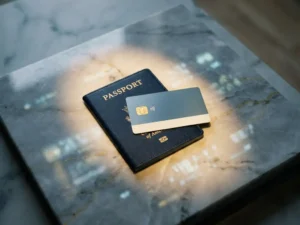 European passport and contactless ID card on grey marble surface, lit by a single beam suggesting secure digital identity verification.