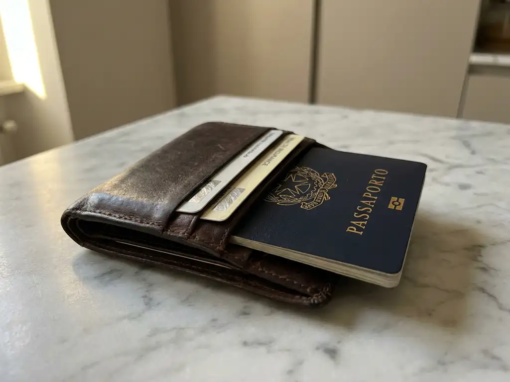 European passport and health insurance card tucked in a leather wallet on a marble surface, soft directional light highlighting embossed document details.