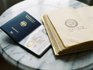 European passport open to digital chip page beside leather journal with handwritten seal on marble surface.