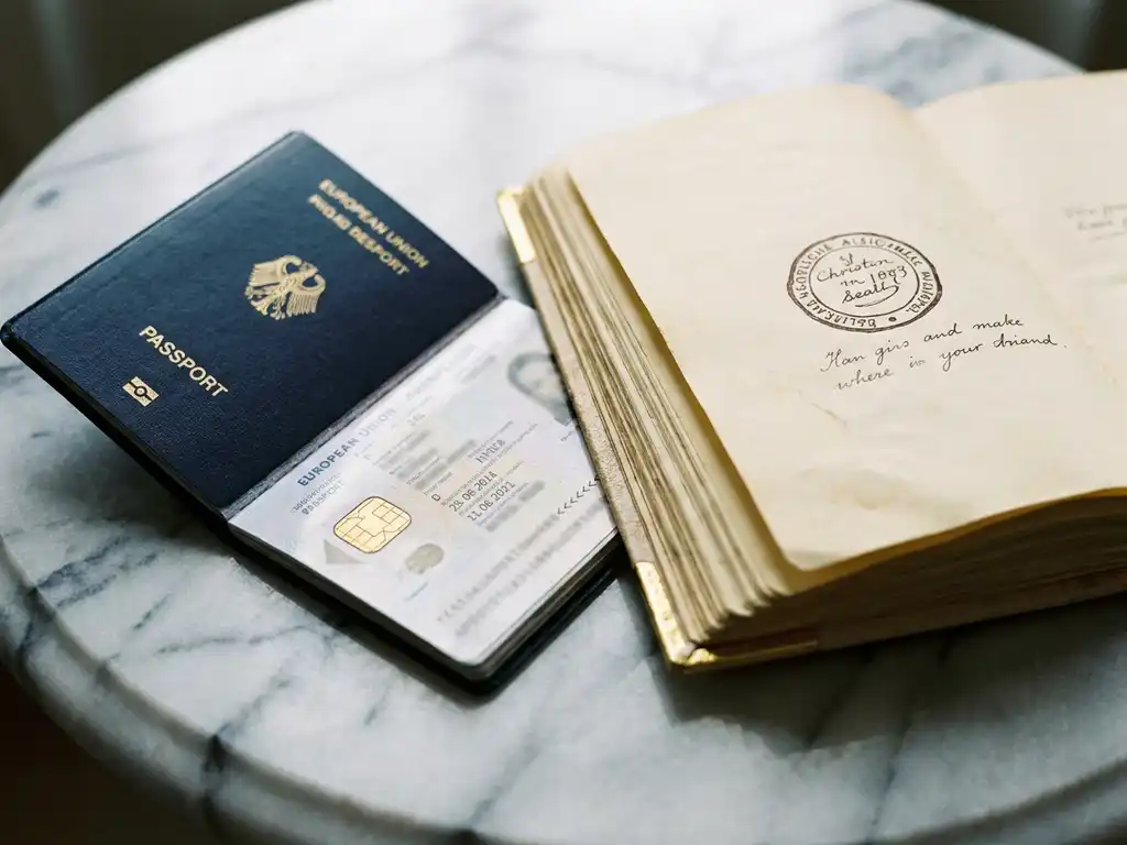 European passport open to digital chip page beside leather journal with handwritten seal on marble surface.