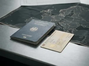European passport and national ID card on a brushed-steel desk over a faint map of Europe, representing EU identity documents.