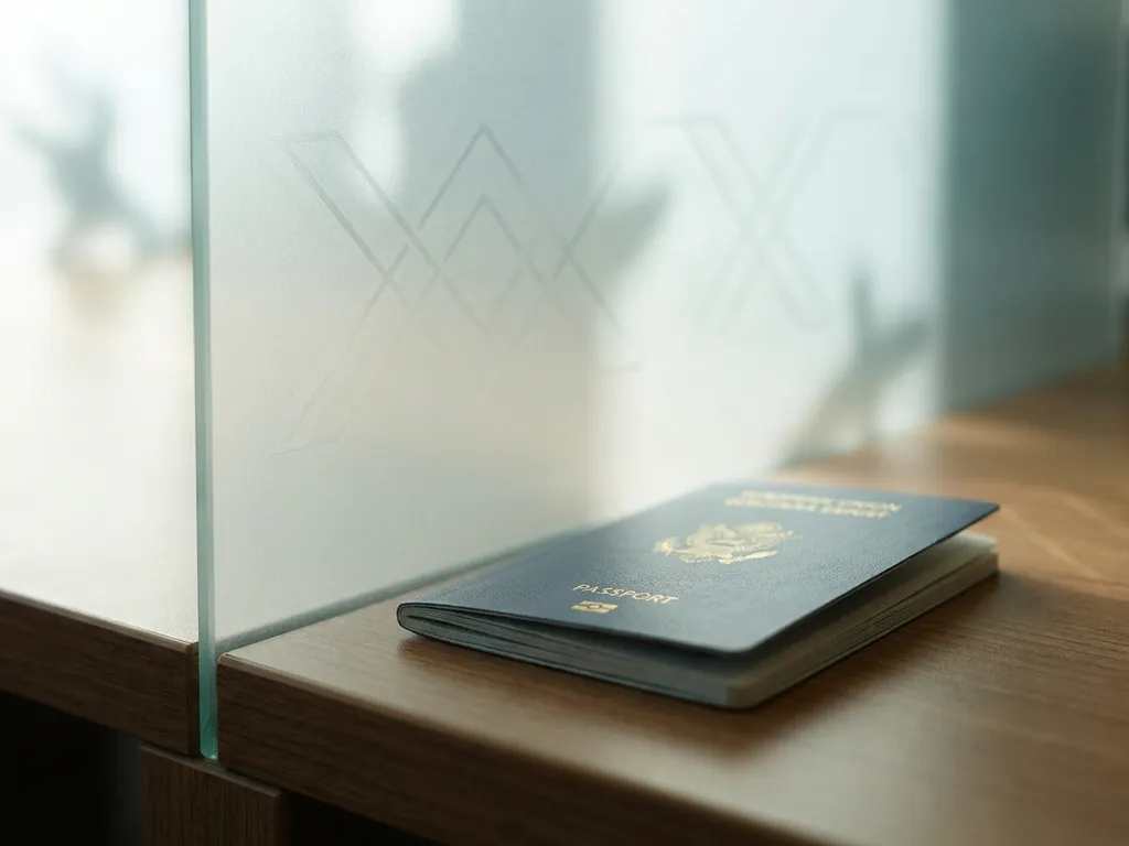 European passport resting beside a frosted glass panel with geometric lock patterns, symbolizing travel document privacy and security.
