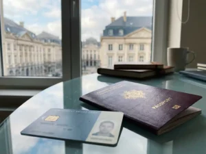 Worn European passport and government-issued smart card on a glass desk, Brussels institutional buildings softly blurred in the background.