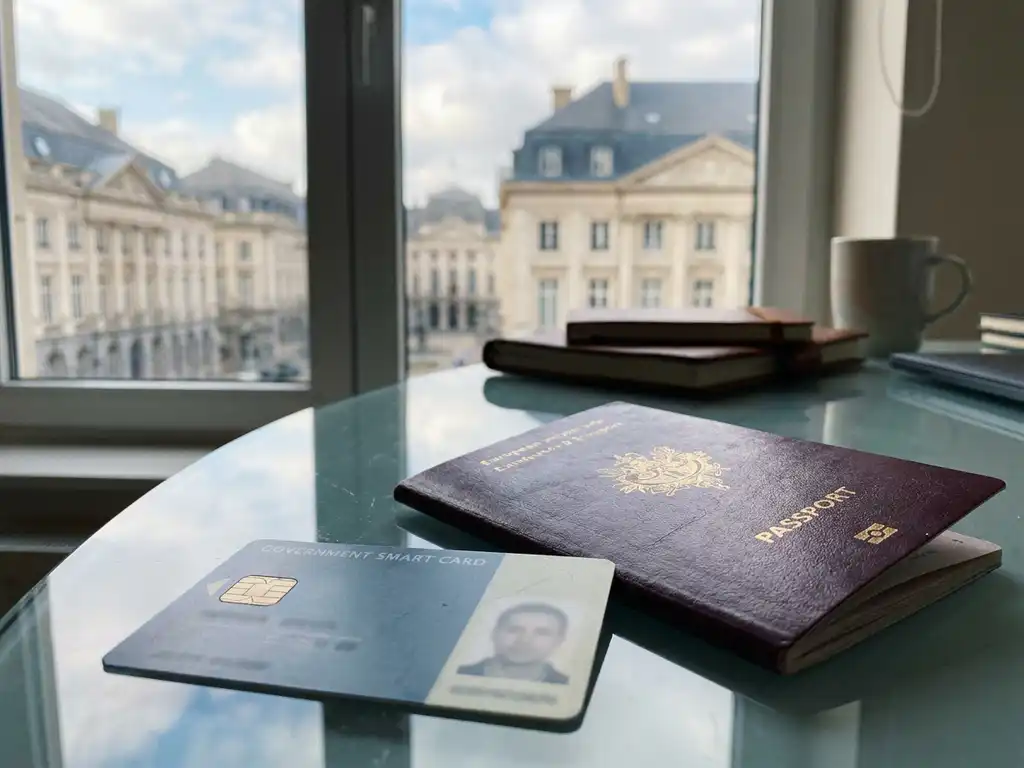 Worn European passport and government-issued smart card on a glass desk, Brussels institutional buildings softly blurred in the background.