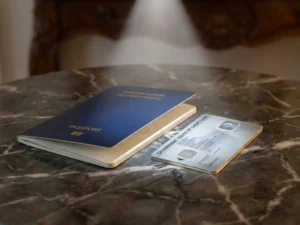 European passport and government smart card on dark marble, illuminated by white light revealing security watermark patterns.
