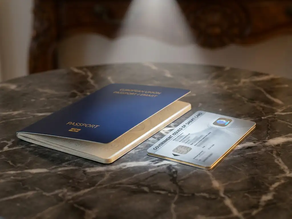 European passport and government smart card on dark marble, illuminated by white light revealing security watermark patterns.