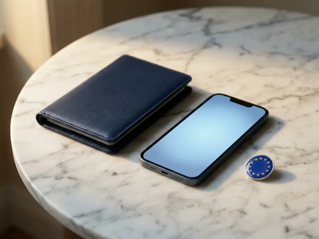European passport and smartphone on marble surface with EU flag pin, soft blue screen glow, navy and platinum tones.