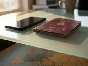 Weathered European passport and modern smartphone on a glass desk with a faint Europe map beneath frosted glass surface.