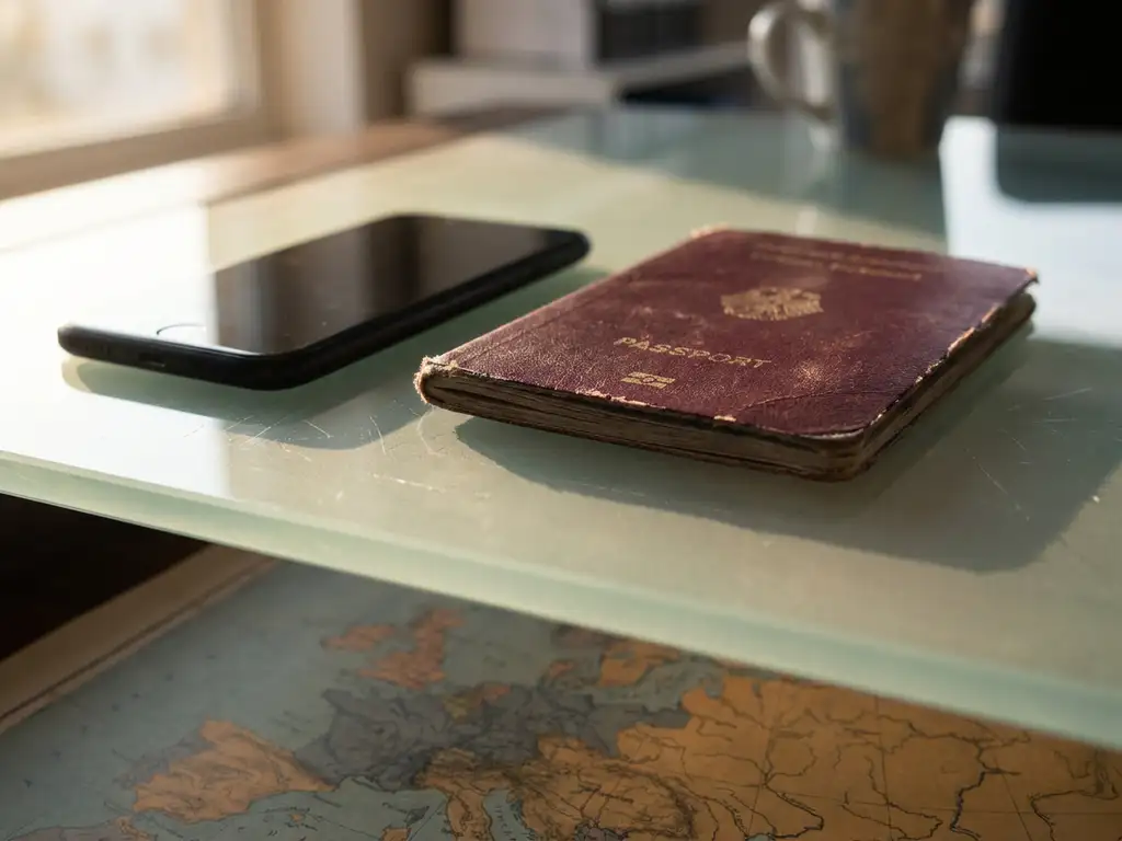 Weathered European passport and modern smartphone on a glass desk with a faint Europe map beneath frosted glass surface.