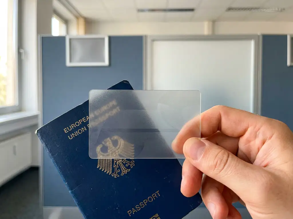 Frosted glass card held between two fingers partially concealing an EU passport, illustrating selective identity disclosure in a government office setting.