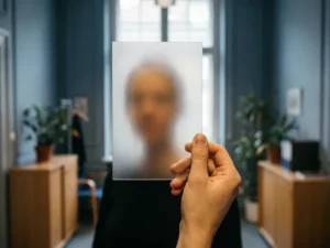 Frosted glass card held to window light revealing blurred human silhouette, symbolizing identity privacy in a European government office.
