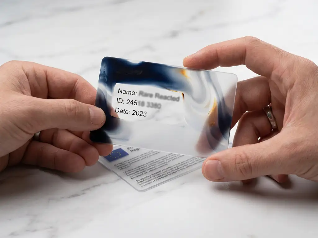 Hand holding a frosted glass card over personal data on marble, selectively obscuring sensitive information beneath an EU regulatory document.
