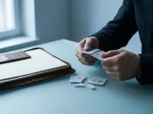 Government-issued smart card snapped in half on a glass desk beside an open leather portfolio, lit by soft natural light.