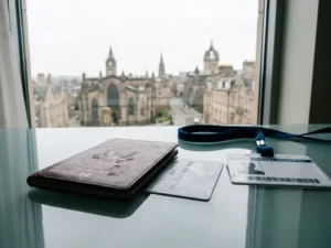Worn leather passport, bank card, and hospital ID badge on a glass desk with a European city skyline in soft morning light.
