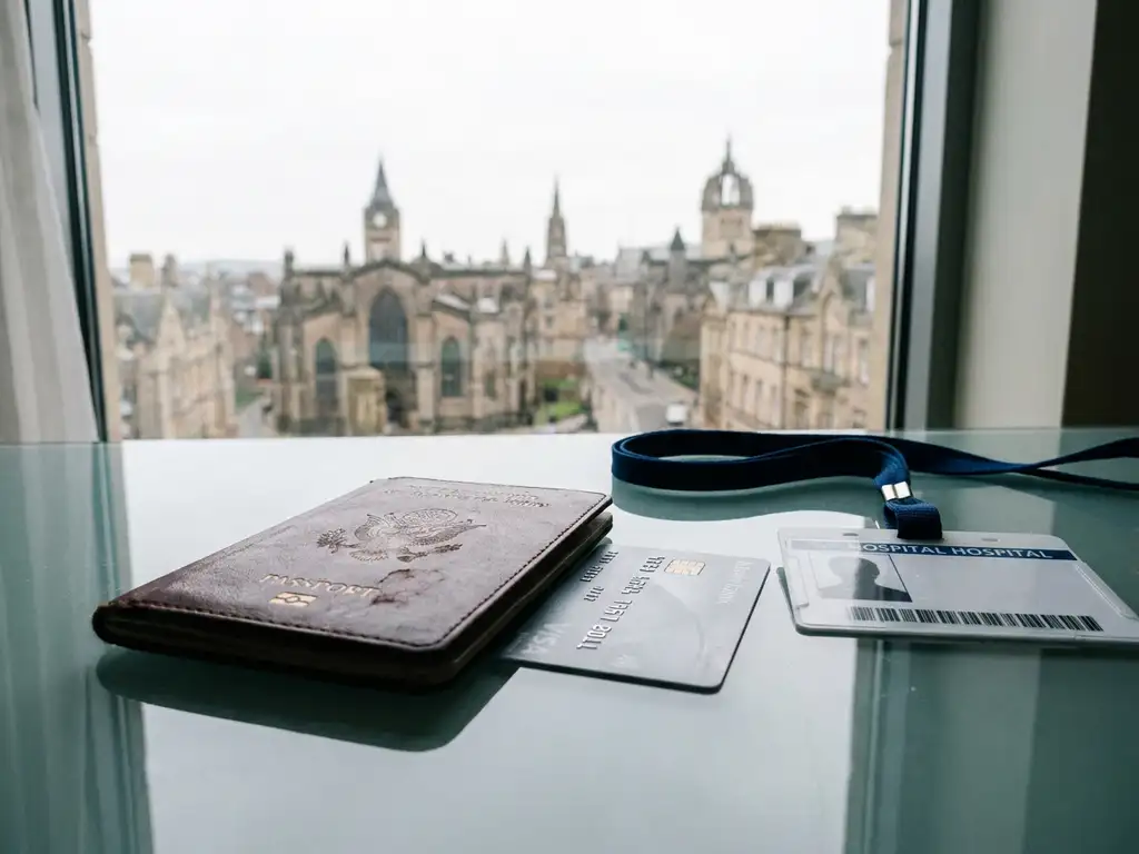 Worn leather passport, bank card, and hospital ID badge on a glass desk with a European city skyline in soft morning light.