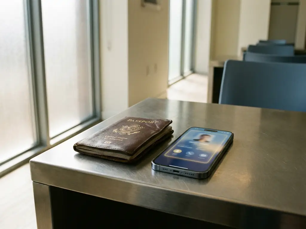 Worn leather passport beside a smartphone displaying a digital credential card on a polished steel desk in a European office.