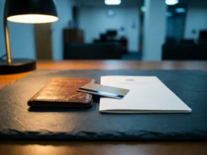 Worn leather passport and official document on dark slate desk, bridged by a security key card under warm amber lamp light.