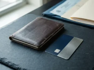 Worn leather passport beside a modern smart card on dark slate, with blurred official documents in the background.
