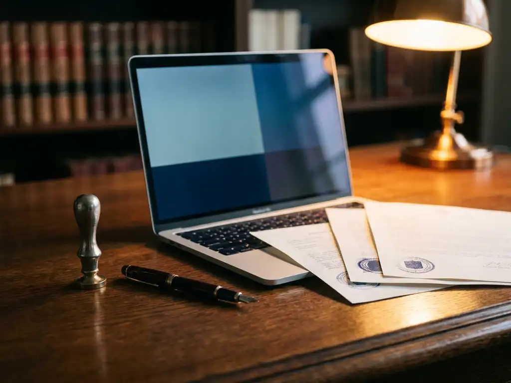 Notary seal and fountain pen beside an open laptop on a dark oak desk, with stamped official documents tucked under the keyboard.