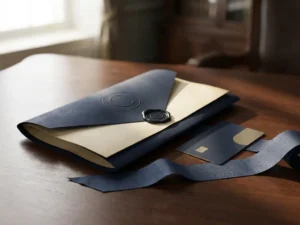 Official sealed document and smart card on dark desk with EU-blue ribbon, symbolizing verified institutional credentials.