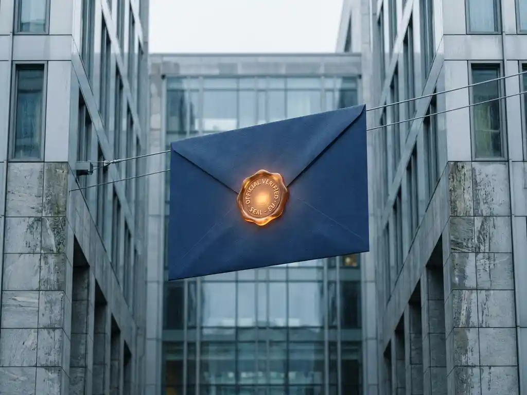 Sealed official envelope with glowing embossed wax stamp traveling between two European government stone buildings under overcast daylight.
