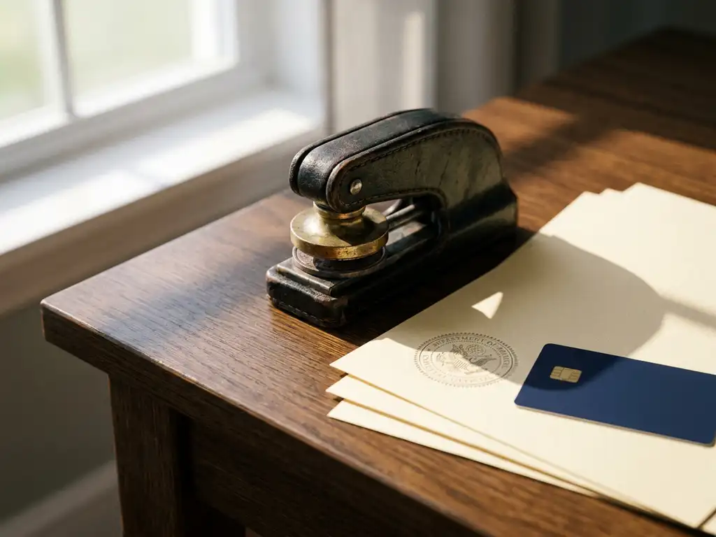 Worn leather seal stamp pressed on white certification documents beside a smart card with embedded chip on a dark oak desk.