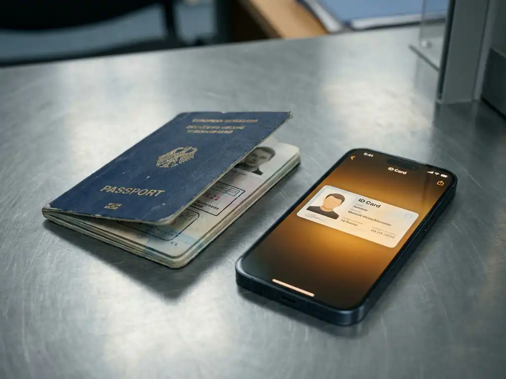 Worn European passport next to a smartphone displaying a digital identity card on a brushed steel government desk surface.