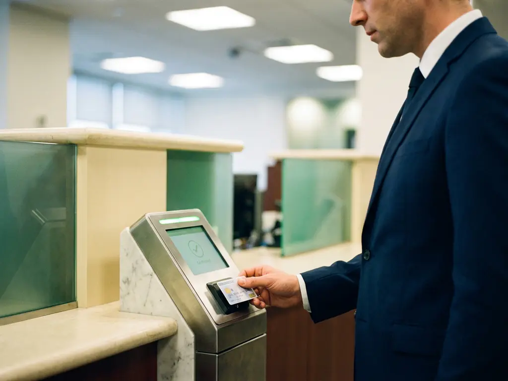 Suited professional presenting a physical ID card to a modern bank verification terminal displaying a green confirmation glow.