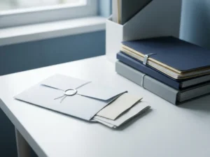 Sealed envelope on a white desk with documents sliding out beside a stack of closed confidential folders in soft natural light.