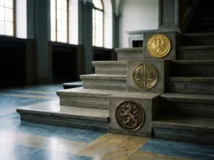 Three ascending stone steps in a European government building, each displaying a polished metal security seal medallion.