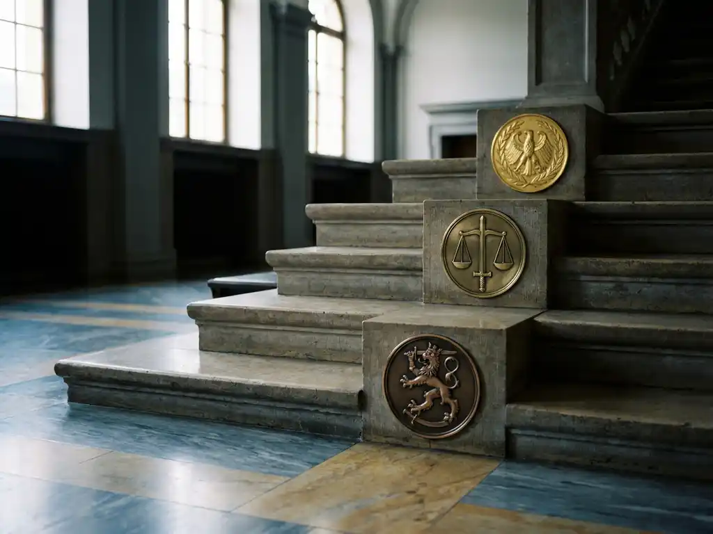 Three ascending stone steps in a European government building, each displaying a polished metal security seal medallion.