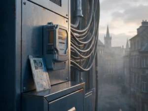 Smart electricity meter on an industrial panel with a secure ID card, power lines fading into a misty European cityscape in the background.