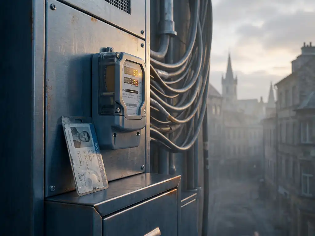 Smart electricity meter on an industrial panel with a secure ID card, power lines fading into a misty European cityscape in the background.