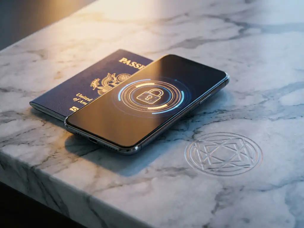 Smartphone displaying a glowing security seal resting on marble beside an EU passport, navy and platinum tones with amber accent light.