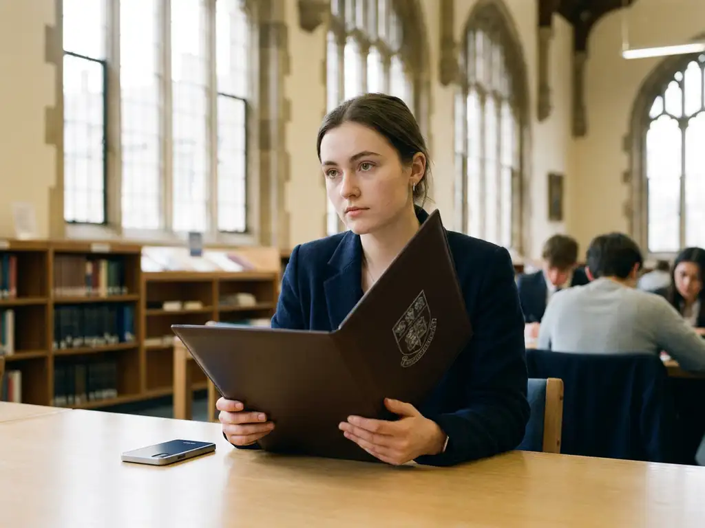 University student holding an open leather-bound diploma alongside a government-issued digital identity card on an institutional desk.