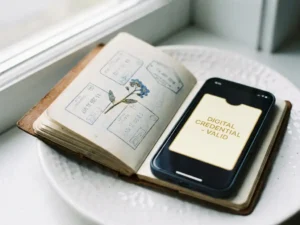 Worn travel document and dried pressed flower beside a smartphone displaying a digital credential card in soft natural light.