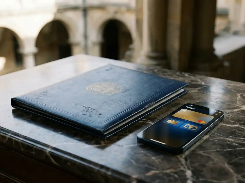 Worn leather diploma holder beside a smartphone displaying a digital wallet, on a marble desk with EU architecture softly blurred behind.