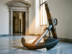 Antique iron anchor with chain links on polished marble floor, warm light beam illuminating aged bronze tones inside a European government building.