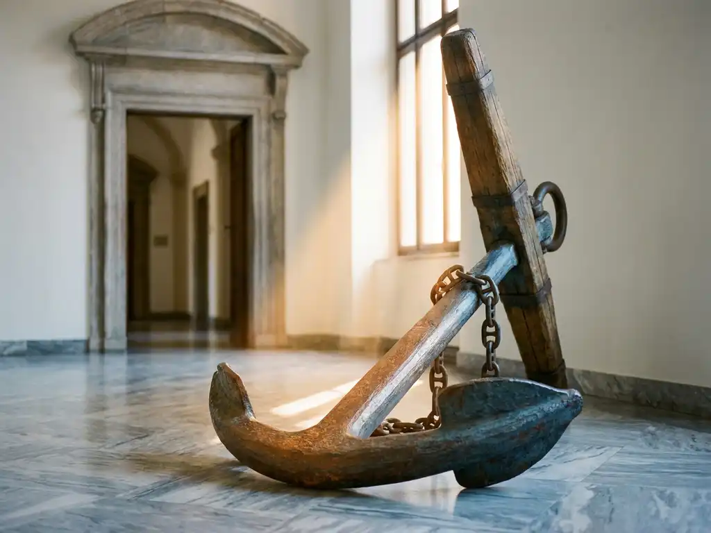Antique iron anchor with chain links on polished marble floor, warm light beam illuminating aged bronze tones inside a European government building.