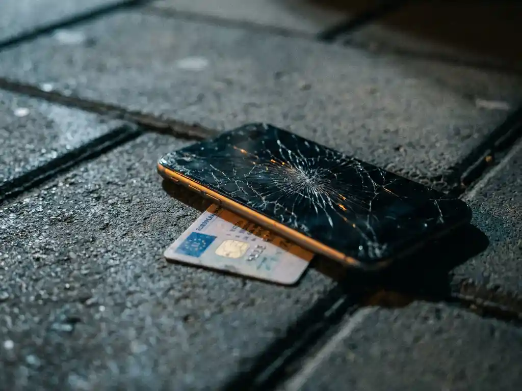Cracked smartphone screen face-down on concrete, partially covering an EU identity card, dramatic side lighting with amber highlight on card's edge.