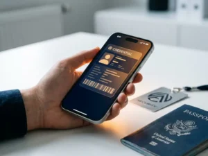 Hand holding a smartphone displaying a glowing digital credential card, with security badge and passport props on a white surface.