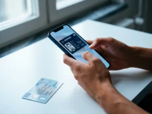 Hands holding a smartphone displaying a digital EU credential card beside a physical European ID card on a white desk.