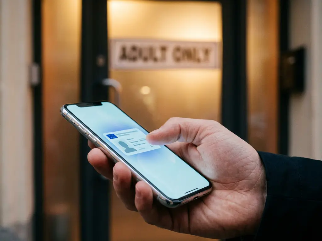 Smartphone displaying a digital EU ID card held in front of an age-restricted storefront entrance, cool blue tones with warm ambient backlight.