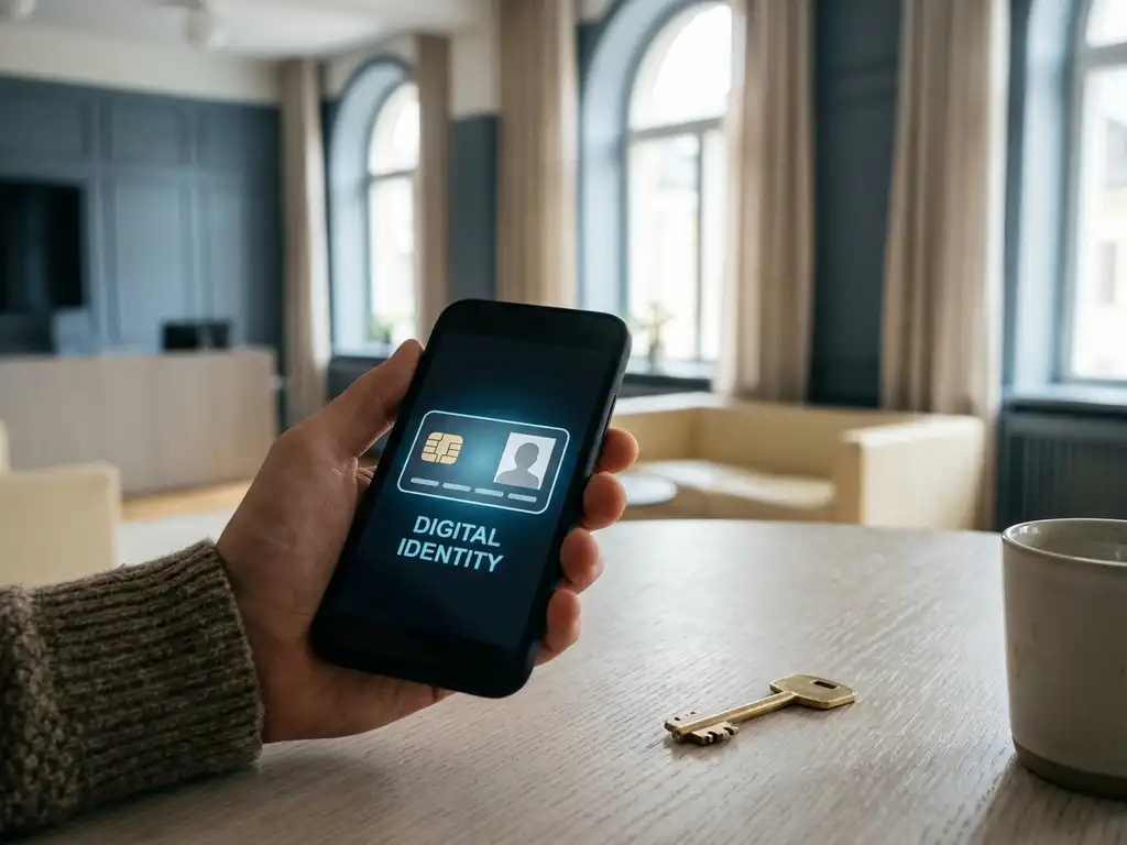 Hand holding a smartphone displaying a digital ID card beside a physical key on a desk in a modern European government office.