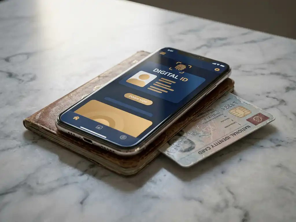 Smartphone displaying a digital ID card resting on a physical passport and national identity card on grey marble.