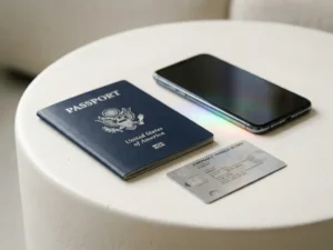 European passport and ID card on white surface beside a face-down smartphone emitting holographic light, symbolizing digital identity transformation.