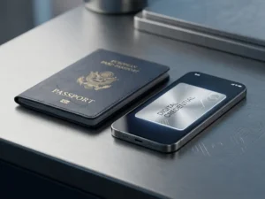 European passport beside a smartphone displaying a digital identity credential on a brushed steel surface with security watermark patterns.